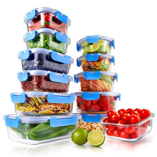 24-Piece Glass Food Storage Set Airtight Leak-Proof Blue