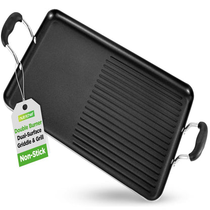 Nutrichef Nonstick Double Burner Griddle And Grill Pan – Stovetop Griddle With High Ridges & Sturdy Handles For Frying Grilling And Searing (Black)