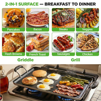 Nutrichef Nonstick Double Burner Griddle And Grill Pan – Stovetop Griddle With High Ridges & Sturdy Handles For Frying Grilling And Searing (Black)