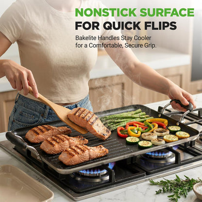 Nutrichef Nonstick Double Burner Griddle And Grill Pan – Stovetop Griddle With High Ridges & Sturdy Handles For Frying Grilling And Searing (Black)