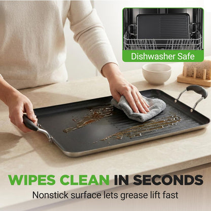 Nutrichef Nonstick Double Burner Griddle And Grill Pan – Stovetop Griddle With High Ridges & Sturdy Handles For Frying Grilling And Searing (Black)