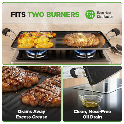 Nutrichef Nonstick Double Burner Griddle And Grill Pan – Stovetop Griddle With High Ridges & Sturdy Handles For Frying Grilling And Searing (Black)