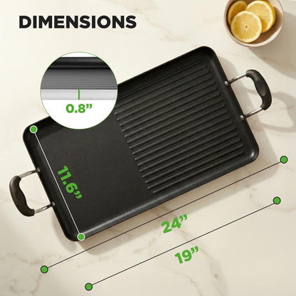 Nutrichef Nonstick Double Burner Griddle And Grill Pan – Stovetop Griddle With High Ridges & Sturdy Handles For Frying Grilling And Searing (Black)