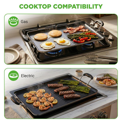 Nutrichef Nonstick Double Burner Griddle And Grill Pan – Stovetop Griddle With High Ridges & Sturdy Handles For Frying Grilling And Searing (Black)
