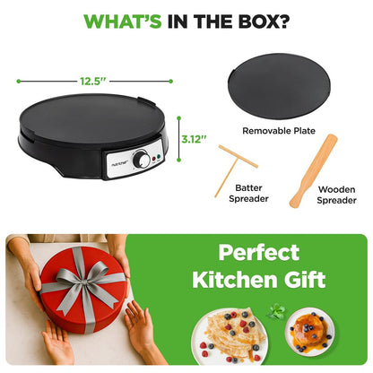 12 Reversible Crepe And Pancake Maker And Aluminum Hot Plate Griddle Cooktop With Led Indicator And Adjustable Temperature Control