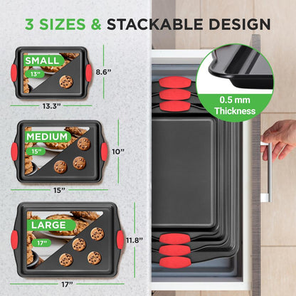 3-Piece Nonstick Baking Pan Set - Easy Clean Carbon Steel 0.4mm Red Handles