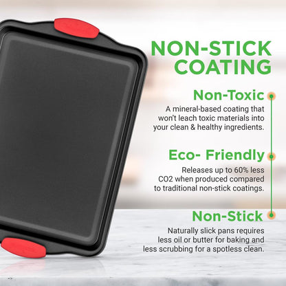 3-Piece Nonstick Baking Pan Set - Easy Clean Carbon Steel 0.4mm Red Handles