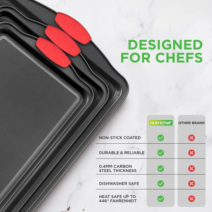 3-Piece Nonstick Baking Pan Set - Easy Clean Carbon Steel 0.4mm Red Handles