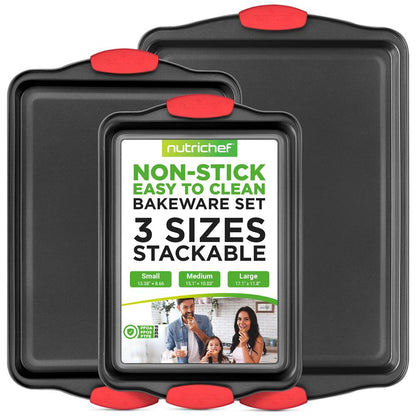 3-Piece Nonstick Baking Pan Set - Easy Clean Carbon Steel 0.4mm Red Handles