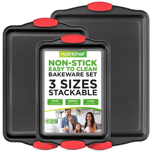 3-Piece Nonstick Baking Pan Set - Easy Clean Carbon Steel 0.4mm Red Handles