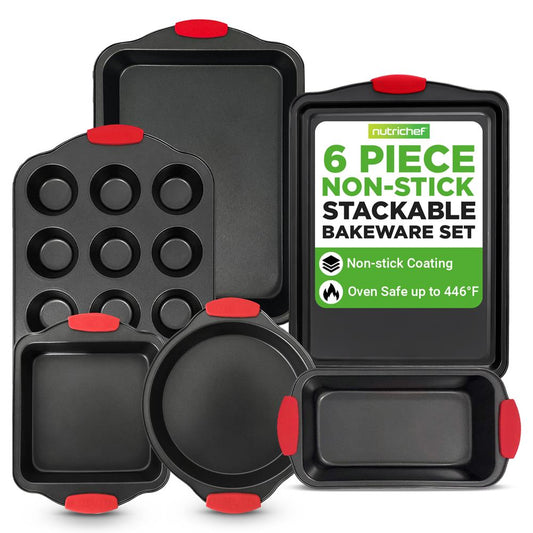 6-Piece Nonstick Bakeware Set Carbon Steel Red Silicone Handles
