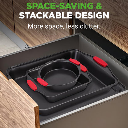 6-Piece Nonstick Bakeware Set Carbon Steel Red Silicone Handles