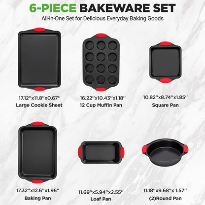 6-Piece Nonstick Bakeware Set Carbon Steel Red Silicone Handles