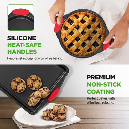 6-Piece Nonstick Bakeware Set Carbon Steel Red Silicone Handles