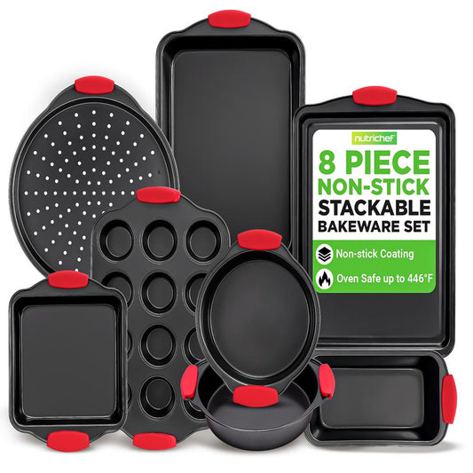 8-Piece Nonstick Bakeware Set Carbon Steel Red Silicone Handles