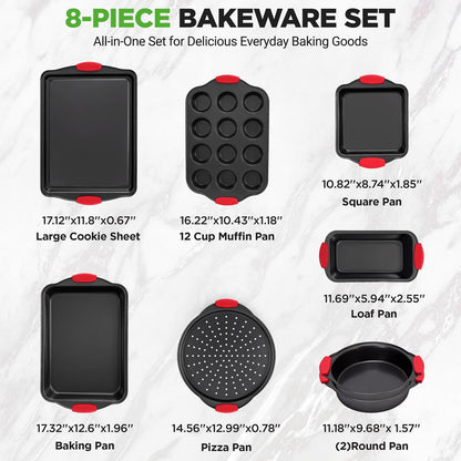 8-Piece Nonstick Bakeware Set Carbon Steel Red Silicone Handles
