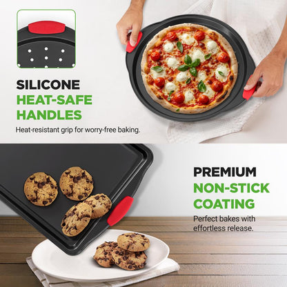 8-Piece Nonstick Bakeware Set Carbon Steel Red Silicone Handles