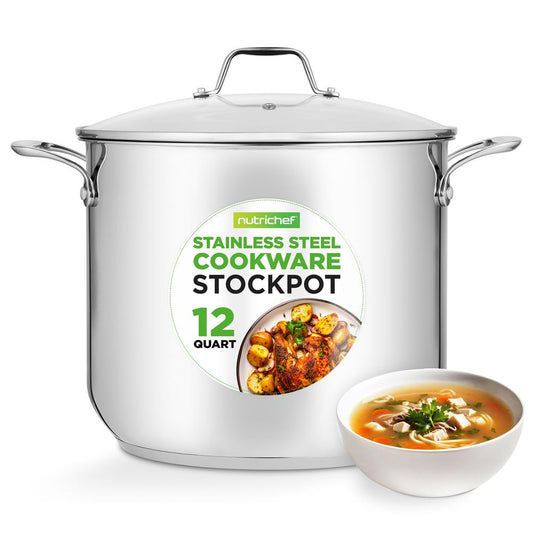 12-Quart Stock Pot Even Heat Stainless Steel Tempered Glass Lid