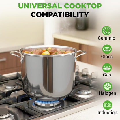 12-Quart Stock Pot Even Heat Stainless Steel Tempered Glass Lid