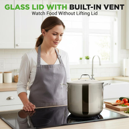 12-Quart Stock Pot Even Heat Stainless Steel Tempered Glass Lid