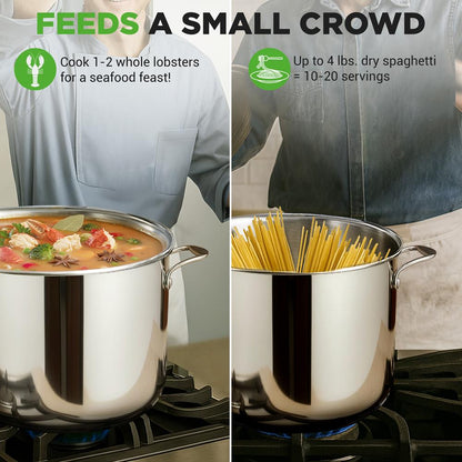 12-Quart Stock Pot Even Heat Stainless Steel Tempered Glass Lid