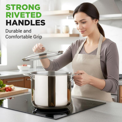 12-Quart Stock Pot Even Heat Stainless Steel Tempered Glass Lid