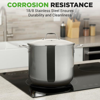 12-Quart Stock Pot Even Heat Stainless Steel Tempered Glass Lid