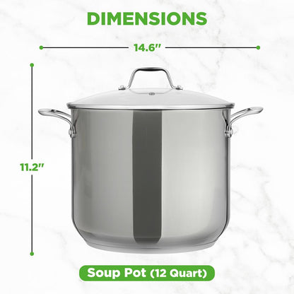 12-Quart Stock Pot Even Heat Stainless Steel Tempered Glass Lid