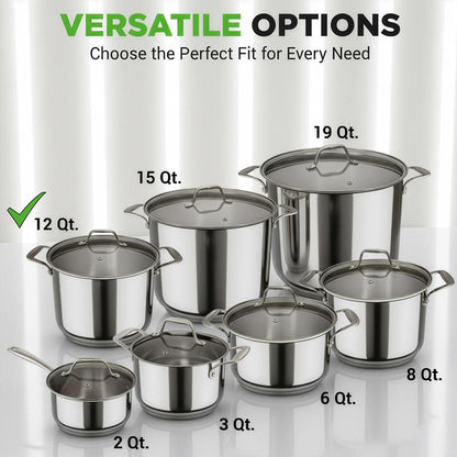 12-Quart Stock Pot Even Heat Stainless Steel Tempered Glass Lid