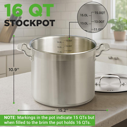 16-Quart Stockpot Even Heat Stainless Steel Induction Compatible