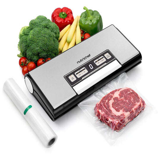 Nutrichef Vacuum Sealer Machine - 80Kpa Automatic Food Sealer With Built-In Cutter Storage Bag Compartment Air Suction Hose 1 Roll & 5 Vacuum Bags For Meal Prep Bulk Storage & Food Portioning (Silver)