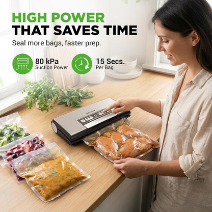 Nutrichef Vacuum Sealer Machine - 80Kpa Automatic Food Sealer With Built-In Cutter Storage Bag Compartment Air Suction Hose 1 Roll & 5 Vacuum Bags For Meal Prep Bulk Storage & Food Portioning (Silver)