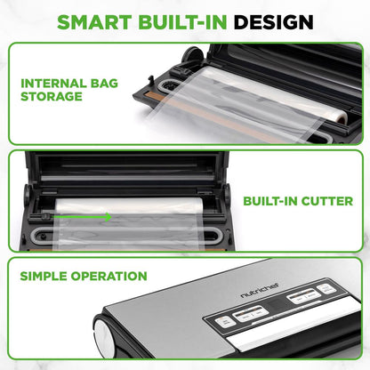 Nutrichef Vacuum Sealer Machine - 80Kpa Automatic Food Sealer With Built-In Cutter Storage Bag Compartment Air Suction Hose 1 Roll & 5 Vacuum Bags For Meal Prep Bulk Storage & Food Portioning (Silver)