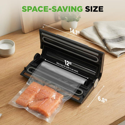 Nutrichef Vacuum Sealer Machine - 80Kpa Automatic Food Sealer With Built-In Cutter Storage Bag Compartment Air Suction Hose 1 Roll & 5 Vacuum Bags For Meal Prep Bulk Storage & Food Portioning (Silver)