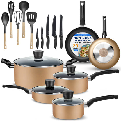 Kitchenware Pots & Pans Set – Basic Kitchen Cookware Black Non-Stick Coating Inside Heat Resistant Lacquer (20-Piece Set)