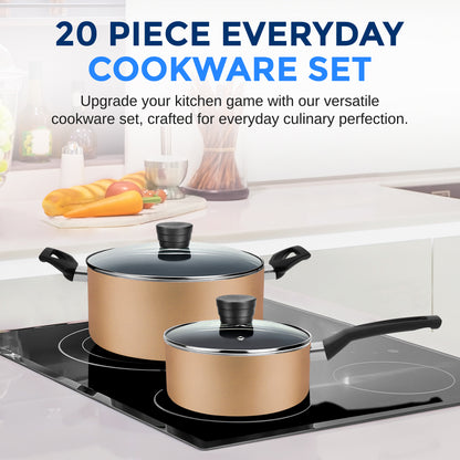 Kitchenware Pots & Pans Set – Basic Kitchen Cookware Black Non-Stick Coating Inside Heat Resistant Lacquer (20-Piece Set)