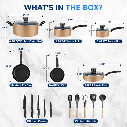 Kitchenware Pots & Pans Set – Basic Kitchen Cookware Black Non-Stick Coating Inside Heat Resistant Lacquer (20-Piece Set)
