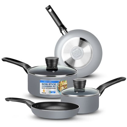 Kitchenware Pots & Pans Set – Basic Kitchen Cookware Black Non-Stick Coating Inside Heat Resistant Lacquer (6-Piece Set)
